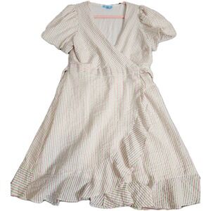 DRAPER JAMES RSVP Puff Sleeve Wrap Dress Ruffled Seersucker Striped Size L NWOT